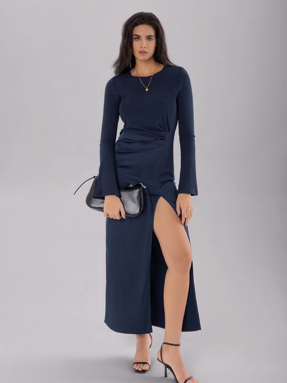 Trendsi Split Round Neck Long Sleeve Midi Dress Split Round Neck Long Sleeve Midi Dress