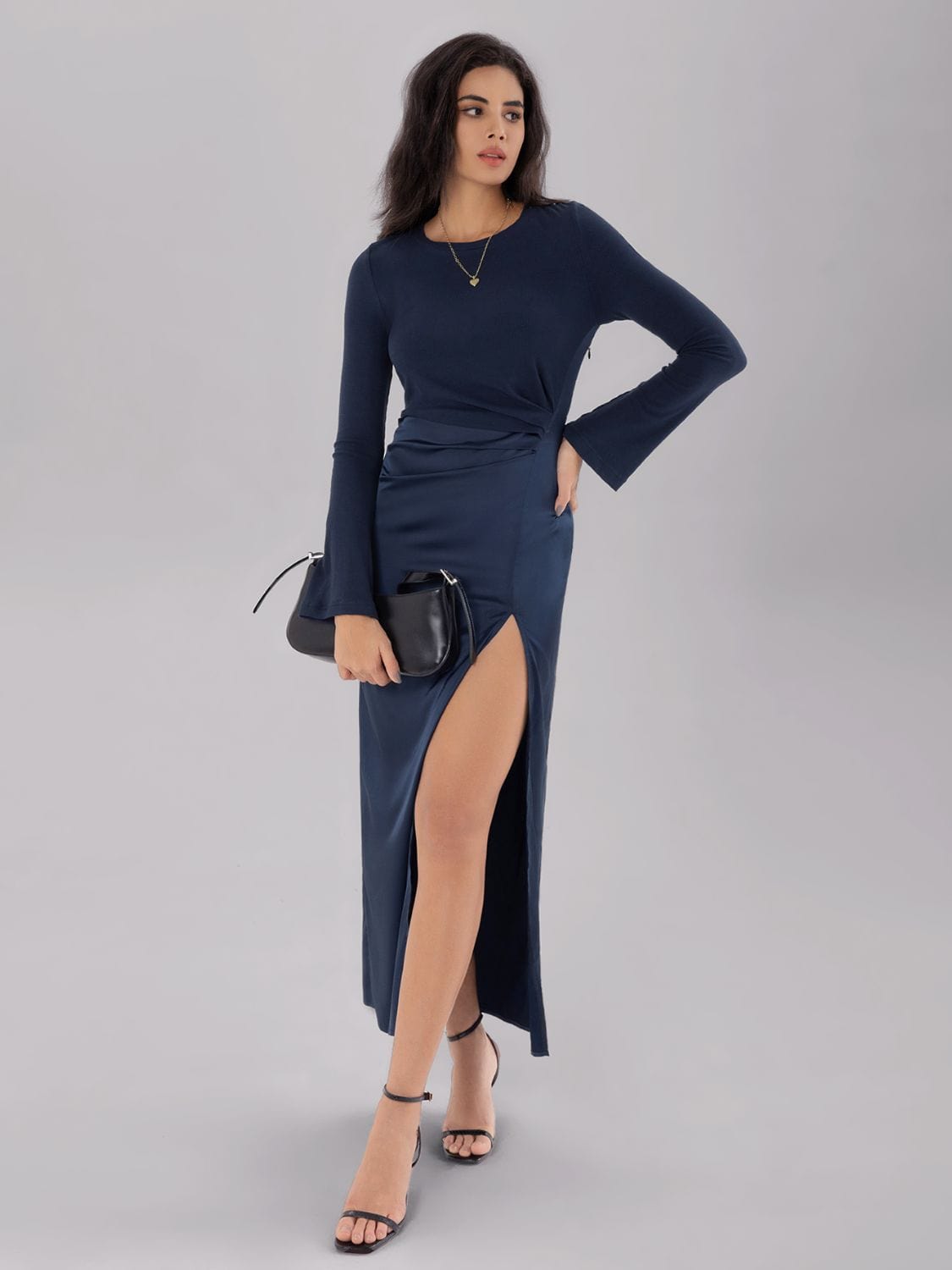 Trendsi Split Round Neck Long Sleeve Midi Dress Split Round Neck Long Sleeve Midi Dress