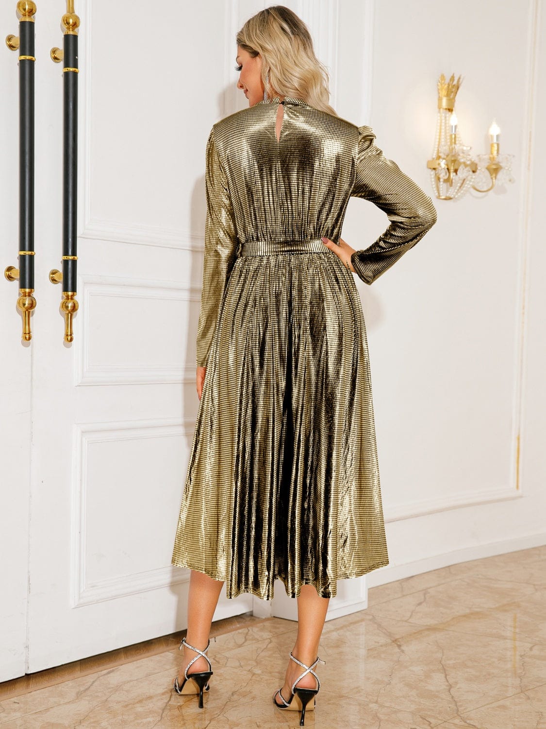 Trendsi Brass / S Tie Waist Long Sleeve Midi Dress 100100220076222 Tie Waist Long Sleeve Midi Dress