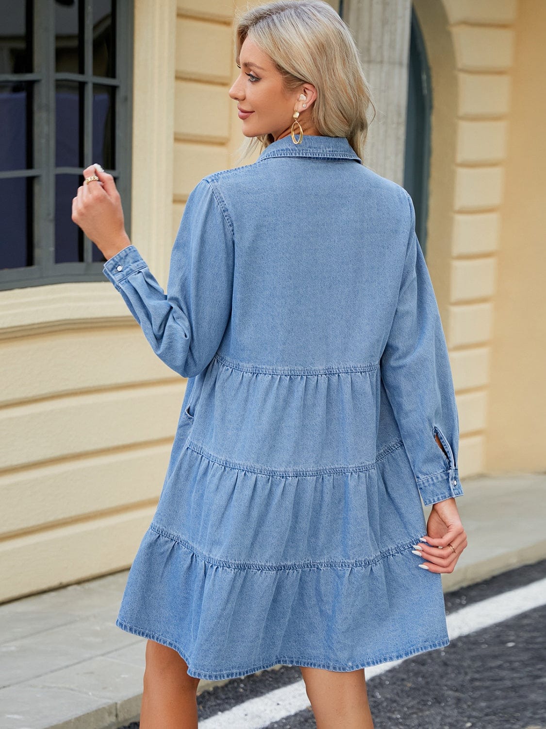 Trendsi Tiered Button Up Long Sleeve Denim Dress Tiered Button Up Long Sleeve Denim Dress