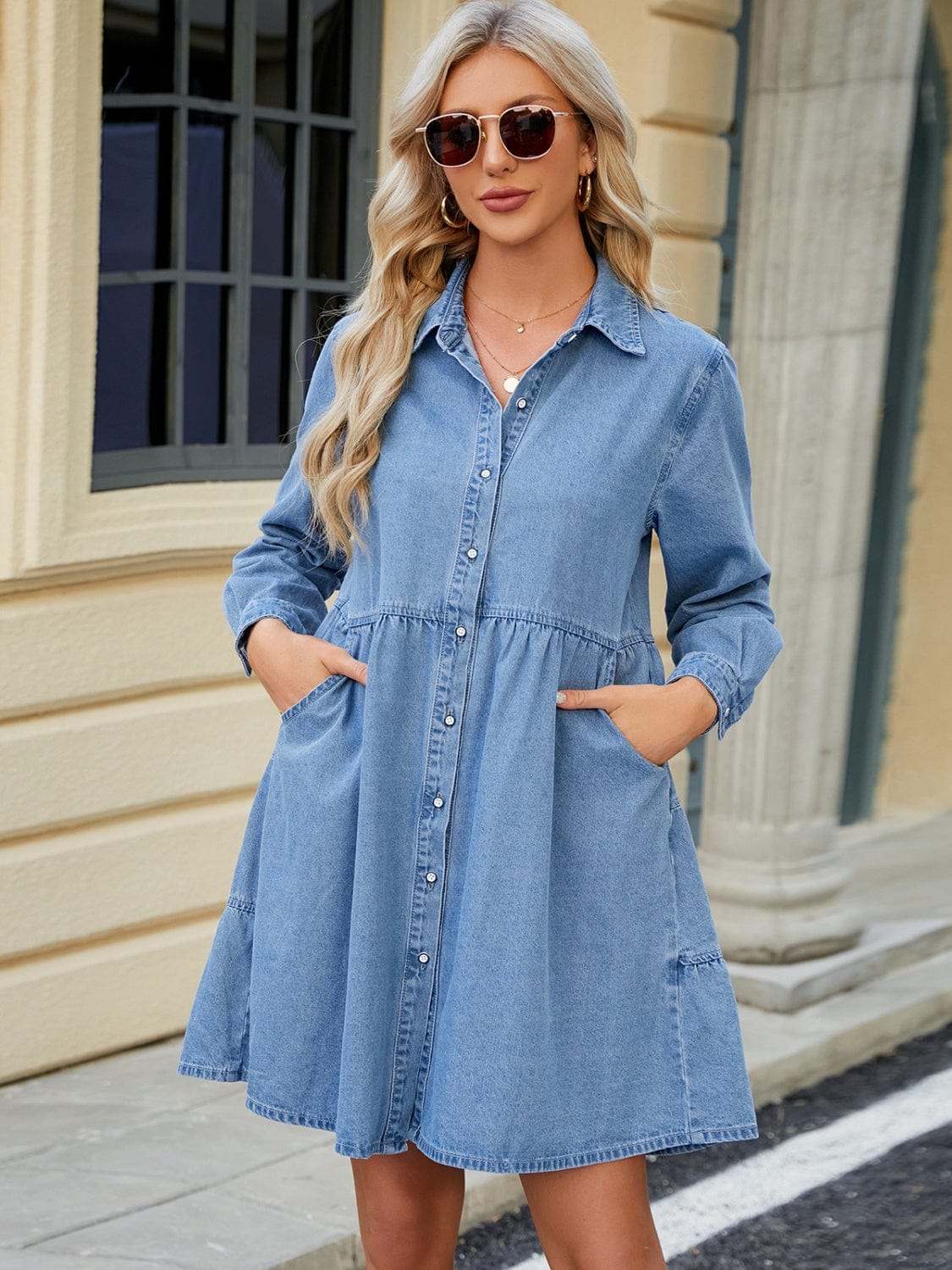 Trendsi Tiered Button Up Long Sleeve Denim Dress Tiered Button Up Long Sleeve Denim Dress