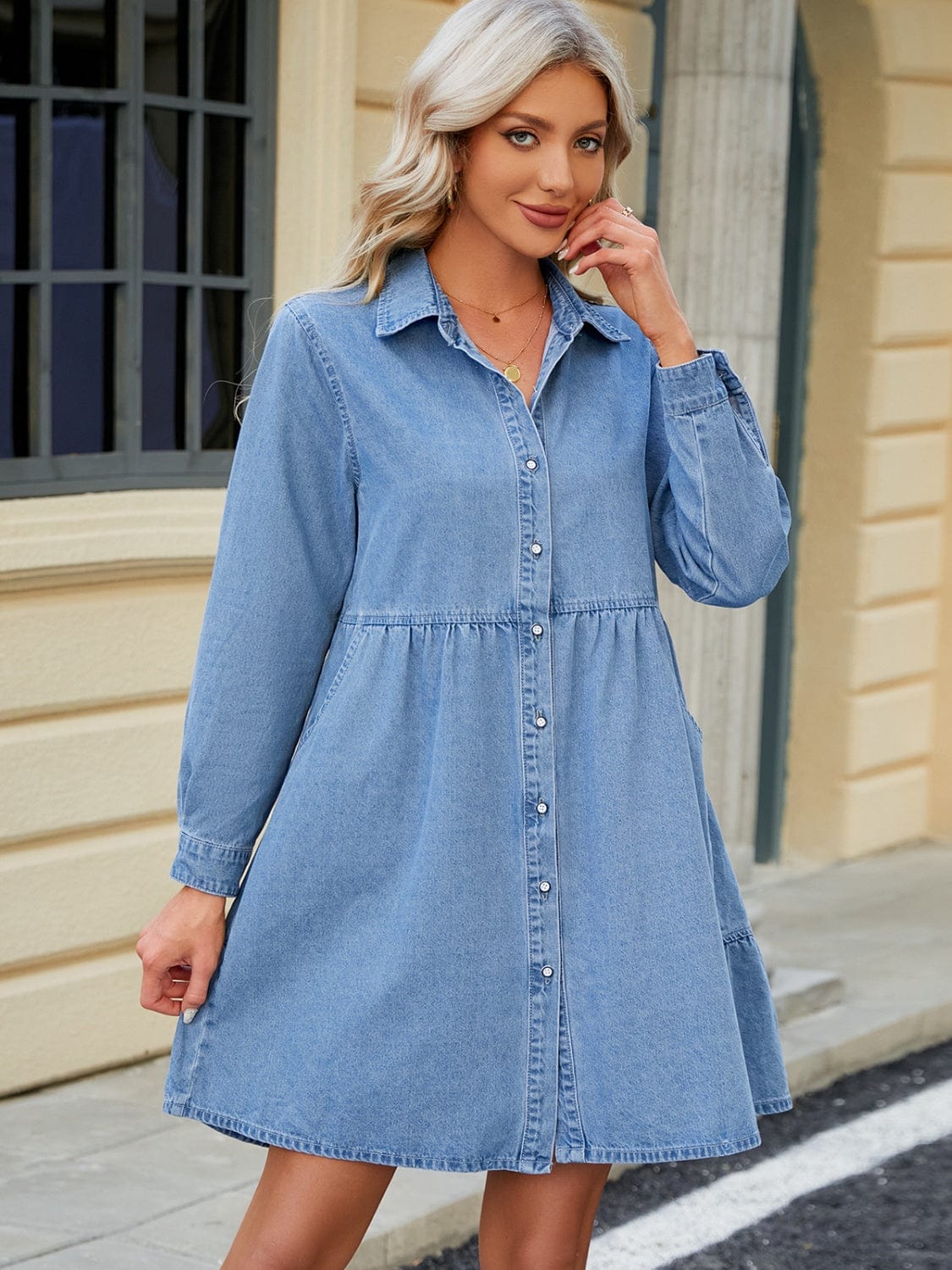 Trendsi Tiered Button Up Long Sleeve Denim Dress Tiered Button Up Long Sleeve Denim Dress