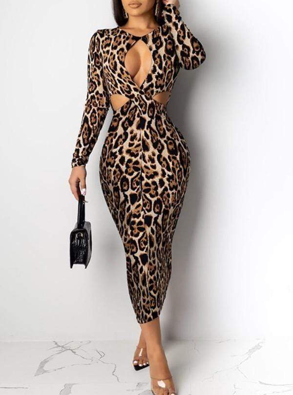 Belle Small / Print Leopard Print Cut Out Midi Dress SHC-GA15B13-S-BE Leopard Print Cut Out Midi Party Cocktail Evening Dress | SoHot Clubwear  Apparel &amp; Accessories &gt; Clothing &gt; Dresses
