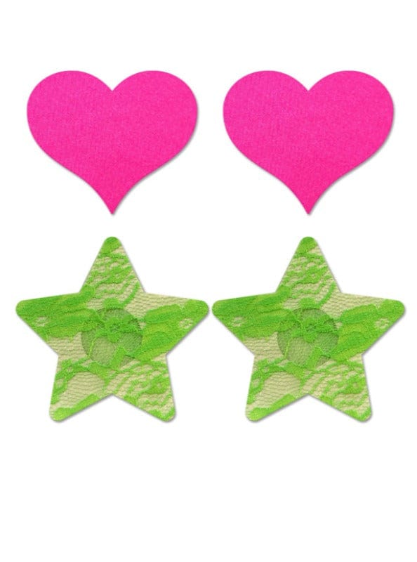 Eldorado Neon Green Lace Star &amp; Neon Pink Heart Glow Pasties SHC-FLA102-EL 2023 Neon Green Lace Star &amp; Neon Pink Heart Glow Pasties Apparel &amp; Accessories &gt; Costumes &amp; Accessories