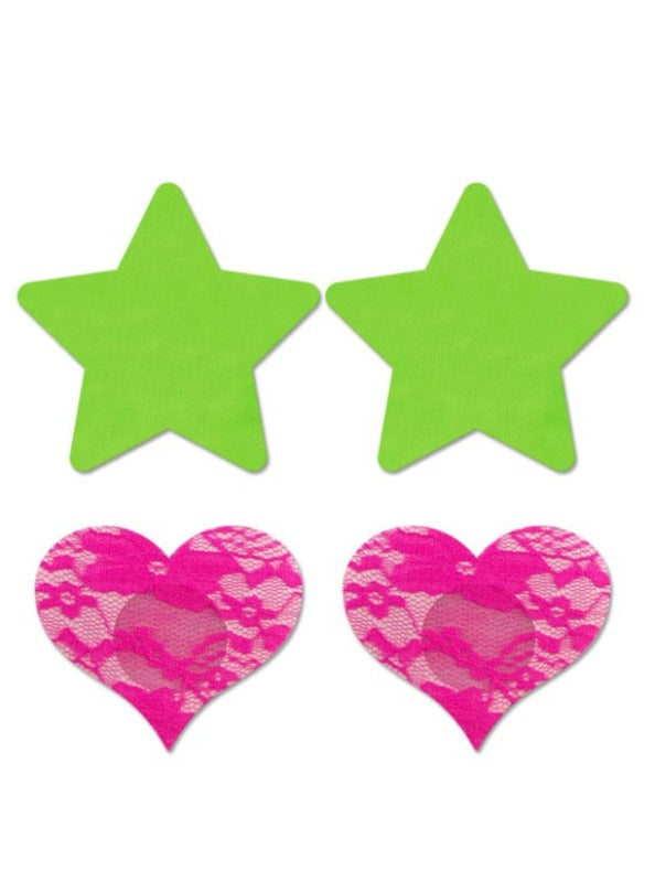 Eldorado Neon Green Star &amp; Neon Pink Lace Heart Glow Pasties SHC-FLA101-EL