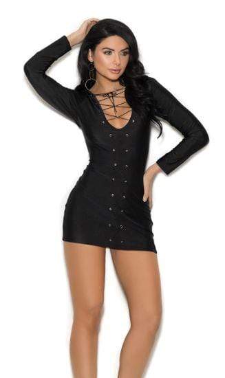 Elegant Moments Black Long Sleeve Lace-Up Punge Front Mini Dress Apparel & Accessories > Clothing > Dresses