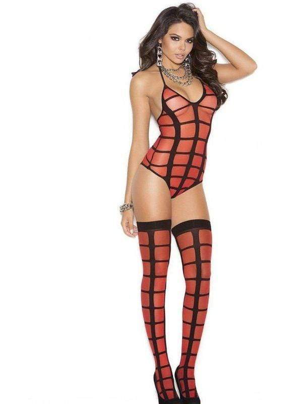 Elegant Moments One Size / Red Red Sheer Opaque Black Cage Thong Teddy Bodysuit w/ Thigh High Stockings SHC-1595-RED-O/S-EM 2021 Sexy Red Black Sheer Teddy Bodysuit Lingerie Elegant Moments 1595 Apparel &amp; Accessories &gt; Clothing &gt; Underwear &amp; Socks &gt; Lingerie
