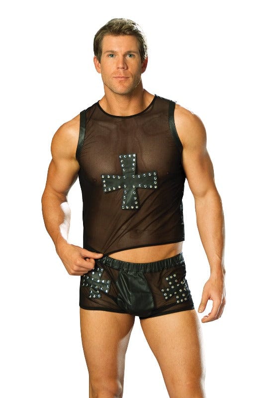 Elegant Moments Black / Medium Men’s Black Mesh & Leather w/ Cross Nail Heads Shorts SHC-L9285-M-EM 2022 Men’s Black Mesh Leather Cross Nail Heads Tank Top Apparel & Accessories > Costumes & Accessories