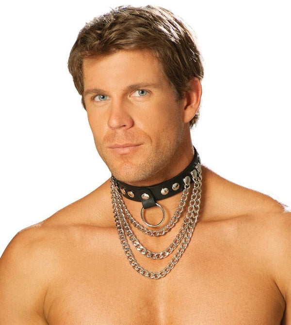 Elegant Moments Black / One Size Men’s Black Leather O Ring w/ Chains Collar SHC-L9149-OS-EM 2022 Men’s Black Leather O Ring Studs Collar Apparel & Accessories > Costumes & Accessories