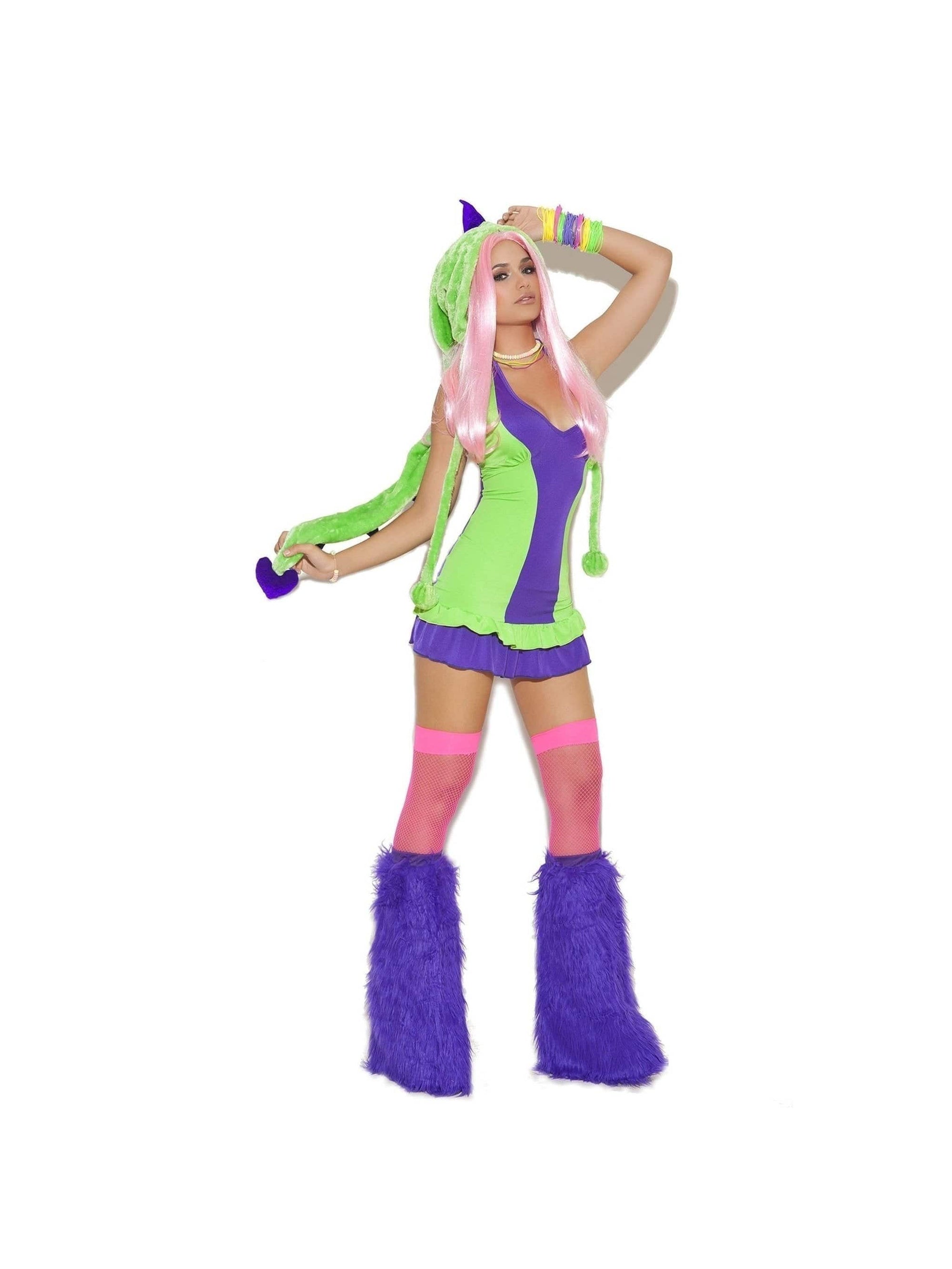 Elegant Moments Green / Small Green & Purple Dino Doll Dress & Furry Hood Ravewear Outfit SHC-9066-S-EM 2022 Green Purple One Eyed Monster Hood Elegant Moments 9981 Apparel & Accessories > Costumes & Accessories > Costumes