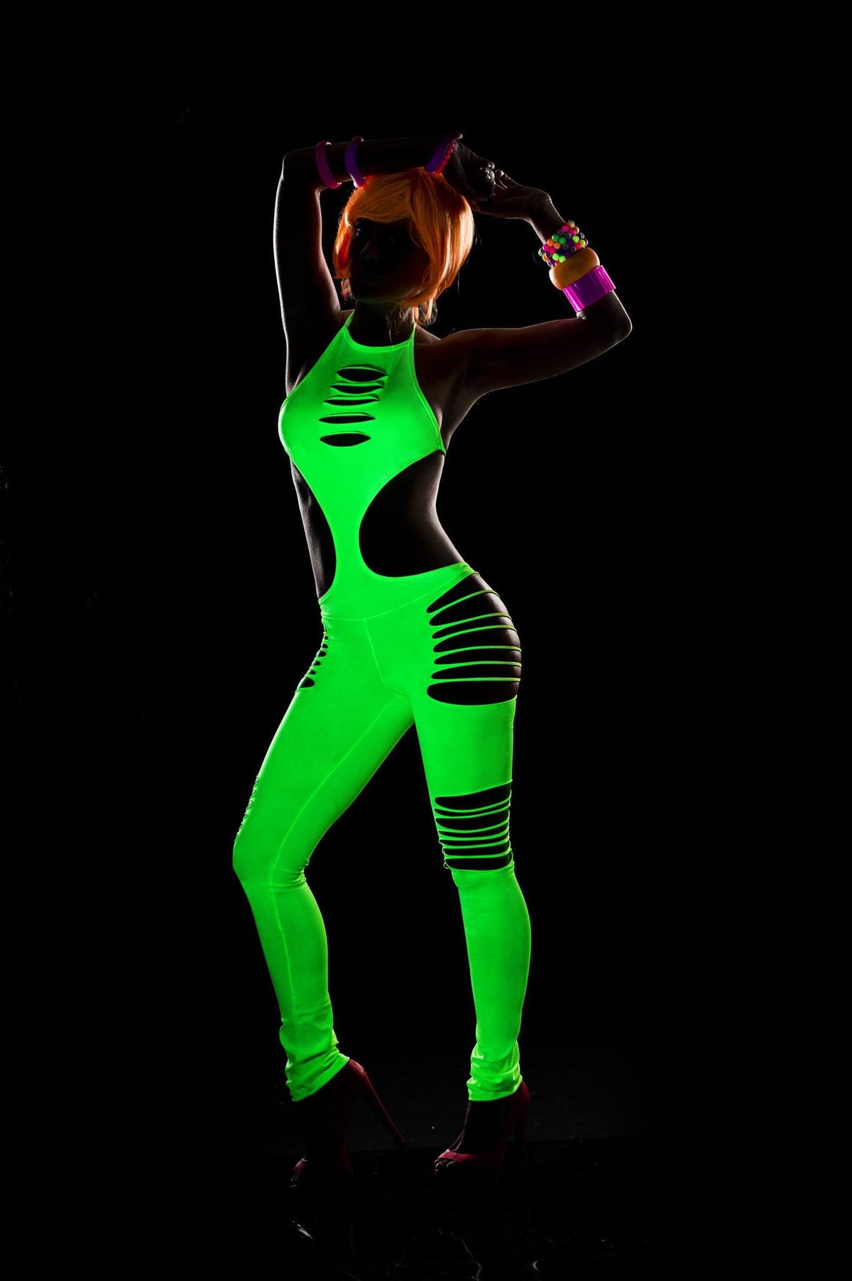 espiral Sensual Shreds Catsuit featuring an Open Side Hourglass Bodice (In Black, Red, Neon Green) Apparel &amp; Accessories &gt; Clothing &gt; One Pieces &gt; Jumpsuits &amp; Rompers