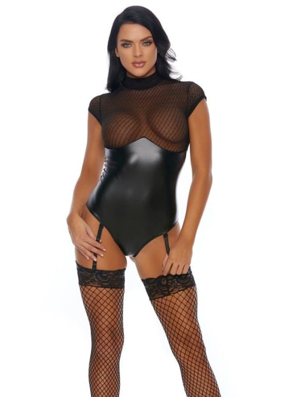 Forplay XS/S / Black Sexy Black Sheer Net Pattern &amp; Faux Leather Bodysuit SHC-667852-X/S-FP 2022 Sexy Black Lace Wet Black Bodysuit Forplay 667852 Apparel &amp; Accessories &gt; Clothing &gt; Dresses