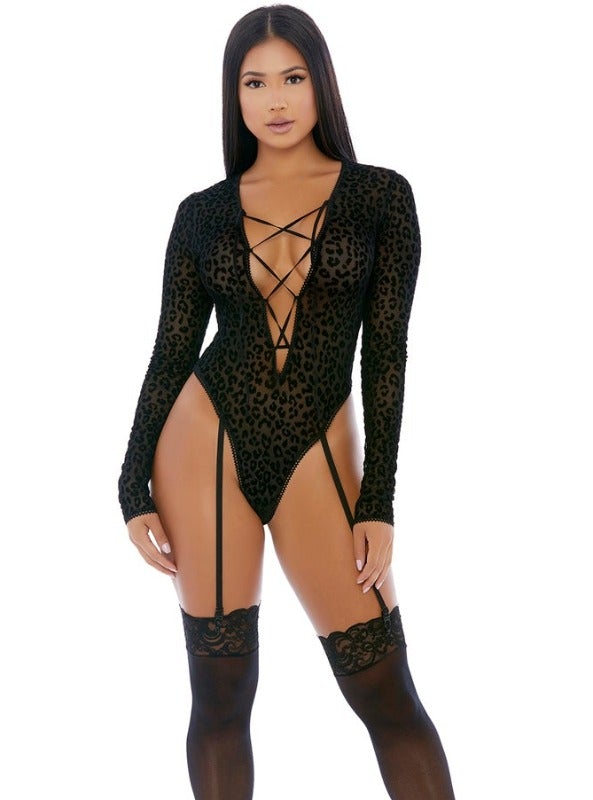 Forplay Black Leopard Print Sheer Bodysuit Teddy Lingerie w/ Garters 2022 Sexy Black Net Mesh Halter Panty Forplay 779517 Lingerie