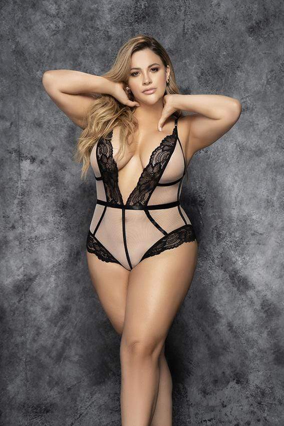 mapale Nude Mesh w/ Black Lace Trim Plus Size Teddy Apparel &amp; Accessories &gt; Clothing &gt; One Pieces &gt; Jumpsuits &amp; Rompers