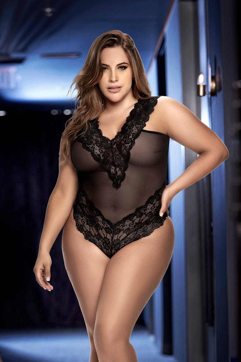 mapale Black / 1/2X Black Sheer w/ Lace Up Back & G-String Coverage Teddy Lingerie Plus Size SHC-8690X-1/2X-MA 2022 Black Sheer Lace Up G-String Teddy Plus Size MAPALE 8690X Apparel & Accessories > Clothing > Underwear & Socks > Lingerie