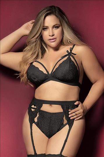 mapale Black / 2X/3X Black Lace Bra, Thong, &amp; Garter 3 Pc. Set Plus Size (Red also available) SHC-8221X-BLACK-2X/3X-MA Apparel &amp; Accessories &gt; Clothing &gt; Underwear &amp; Socks &gt; Lingerie