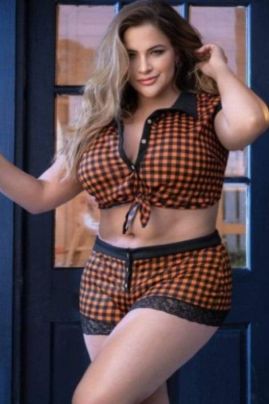 mapale Halloween Print Lace Crop Top & Shorts Set Sleep Lounge Lingerie 2021 Postcard Print Crop Top & Shorts Sett Lingerie Plus Size Mapale 7414X Apparel & Accessories > Clothing > Underwear & Socks > Lingerie