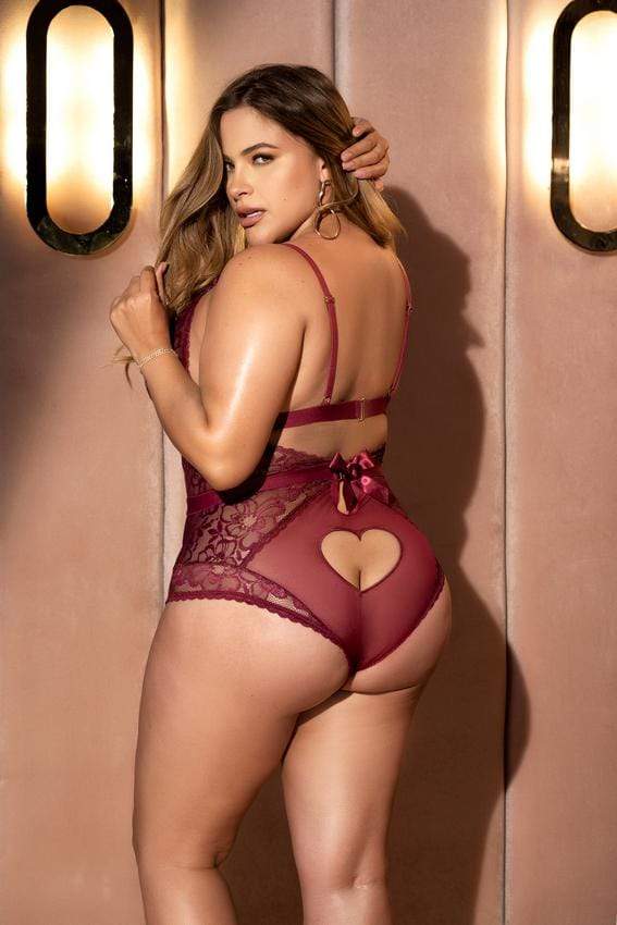 mapale Plus Size Sexy Burgundy Floral Lace &amp; Embroidered Heart Bodysuit Lingerie (Black also Available) 2021 Burgundy Floral Lace Embroidered Heart Detail Teddy MAPALE 8654X Apparel &amp; Accessories &gt; Clothing &gt; Underwear &amp; Socks &gt; Lingerie