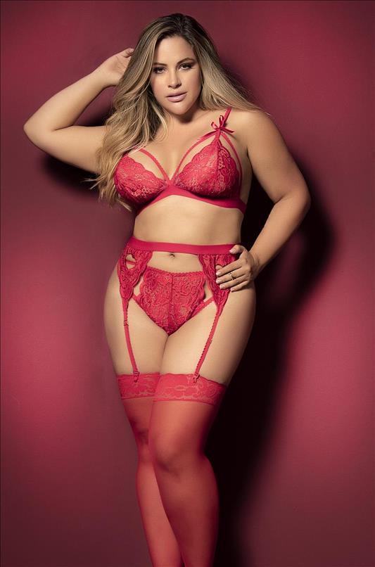 mapale Red / 2X/3X Black Lace Bra, Thong, &amp; Garter 3 Pc. Set Plus Size (Red also available) SHC-8221X-RED-2X/3X-MA Apparel &amp; Accessories &gt; Clothing &gt; Underwear &amp; Socks &gt; Lingerie