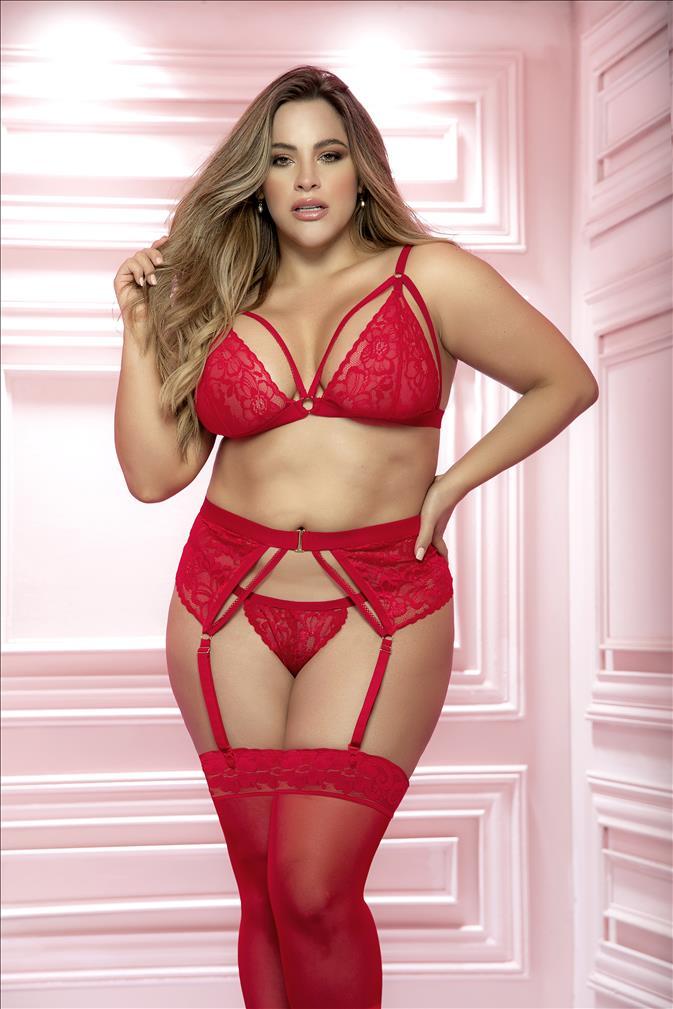 mapale Red Lace Bra, Thong, and Garter 3 Piece Set in Plus Size Red Lace Bra, Thong and Garter 3 Piece Set in Plus Size | MAPALE 8561X Apparel &amp; Accessories &gt; Clothing &gt; Underwear &amp; Socks &gt; Lingerie