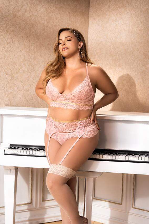 mapale 1/2X / Pink Pink Lace Strappy Top w/ Interlaced Ribbon Garter &amp; Thong (Plus Size) SHC-8625X-PINK-1/2X-MA 2021 Pink Lace Strappy Top Interlaced Ribbon Garter Thong MAPALE 8625X Apparel &amp; Accessories &gt; Clothing &gt; Underwear &amp; Socks &gt; Underwear
