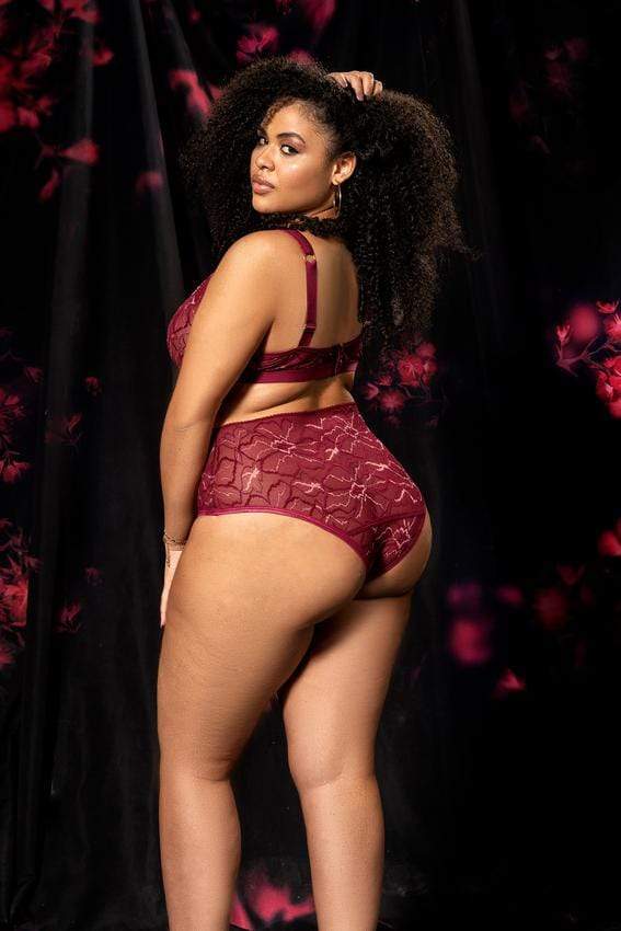 mapale Black Strap w/ Floral Lace Top &amp; High Waisted Cheeky Bottom (Plus Size) 2021 Red Lace Triangle Top Ruffle Detail &amp; Thong Lingerie MAPALE 8648X Apparel &amp; Accessories &gt; Clothing &gt; Underwear &amp; Socks &gt; Underwear