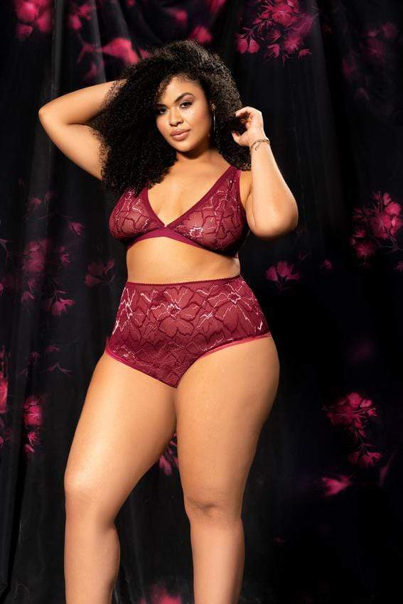 mapale S/M / Burgundy Black Strap w/ Floral Lace Top &amp; High Waisted Cheeky Bottom (Plus Size) SHC-8648X-BURGUNDY-S/M-MA 2021 Red Lace Triangle Top Ruffle Detail &amp; Thong Lingerie MAPALE 8648X Apparel &amp; Accessories &gt; Clothing &gt; Underwear &amp; Socks &gt; Underwear