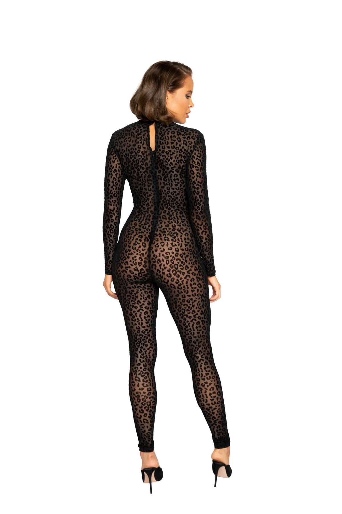 Roma Black Velvet Leopard Print Long Sleeve Bodysuit Apparel &amp; Accessories &gt; Clothing &gt; One Pieces &gt; Jumpsuits &amp; Rompers