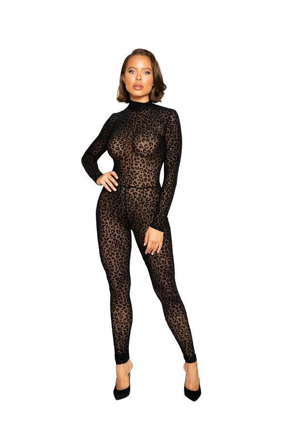 Roma Black Velvet Leopard Print Long Sleeve Bodysuit Apparel &amp; Accessories &gt; Clothing &gt; One Pieces &gt; Jumpsuits &amp; Rompers