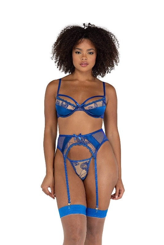 Roma Blue Embroidery & Satin Gartered Bra Set (Black is also available) Blue/Nude Embroidery Garter Bra Underwire Support | ROMA COSTUME LI453 Apparel & Accessories > Clothing > One Pieces > Jumpsuits & Rompers