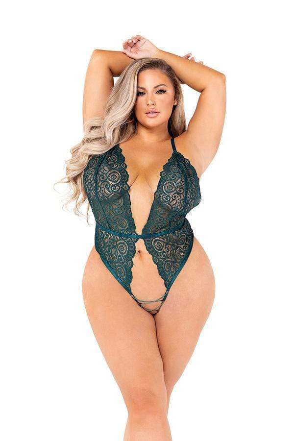 Roma Extra Large / Green Plus Size Red Lace High Cut w/ Lace Up Crotchless Teddy (Green also Available) LI462-Green-XL 2022 Red Lace High Cut w/ Lace Up Crotchless Teddy Apparel &amp; Accessories &gt; Clothing &gt; One Pieces &gt; Jumpsuits &amp; Rompers