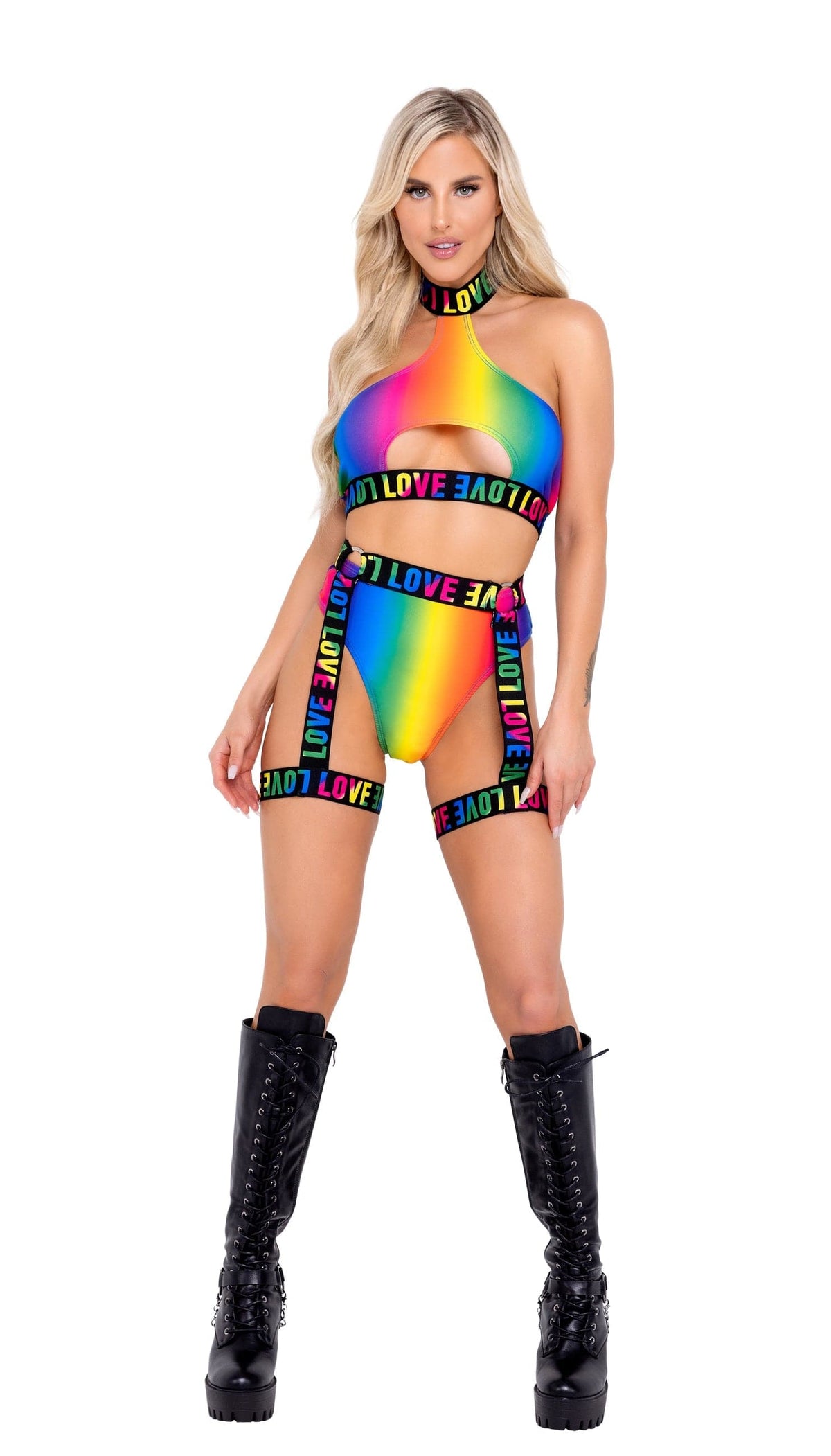 Roma Rainbow Pride Halter Neck w/ LOVE Elastic Logo Keyhole Top 2022 Black Pride Underboob Cutout LOVE Logo Bikini Top Ravewear Apparel &amp; Accessories &gt; Clothing &gt; One Pieces &gt; Jumpsuits &amp; Rompers