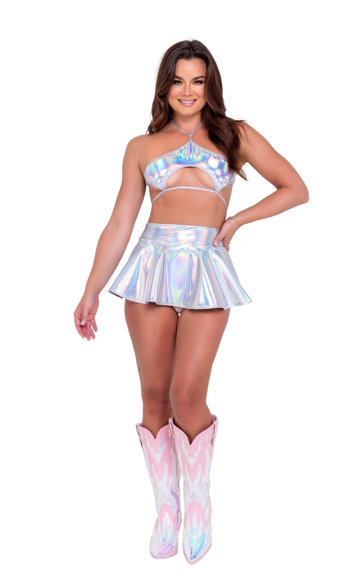 Roma Silver Holographic Keyhole Tie-Top Ravewear 2022 Silver Holographic Keyhole Tie-Top Ravewear Apparel &amp; Accessories &gt; Clothing &gt; One Pieces &gt; Jumpsuits &amp; Rompers
