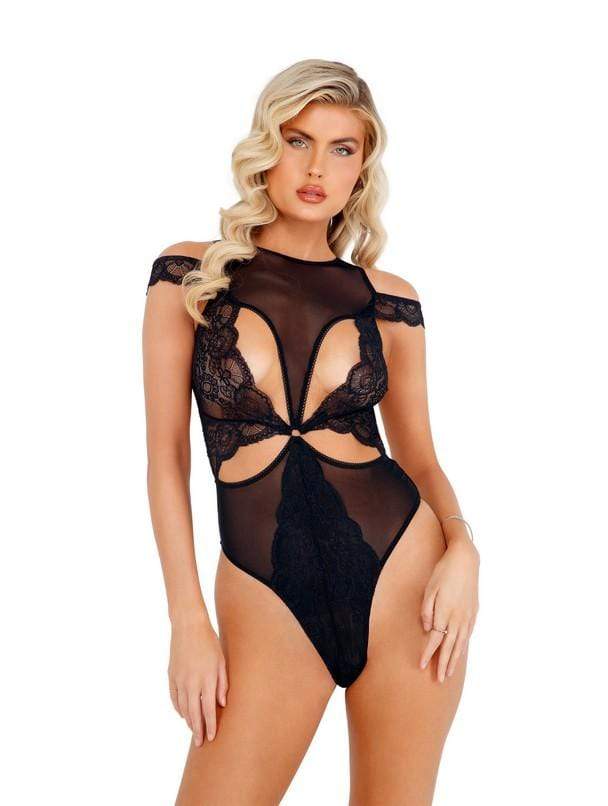 Roma Small / Black Black Lace &amp; Mesh Cutout Teddy (Lavender also available) SHC-LI420-Blk-S Black Lace &amp; Mesh Cutout Teddy (Lavender also) | ROMA COSTUME LI420 Apparel &amp; Accessories &gt; Clothing &gt; One Pieces &gt; Jumpsuits &amp; Rompers