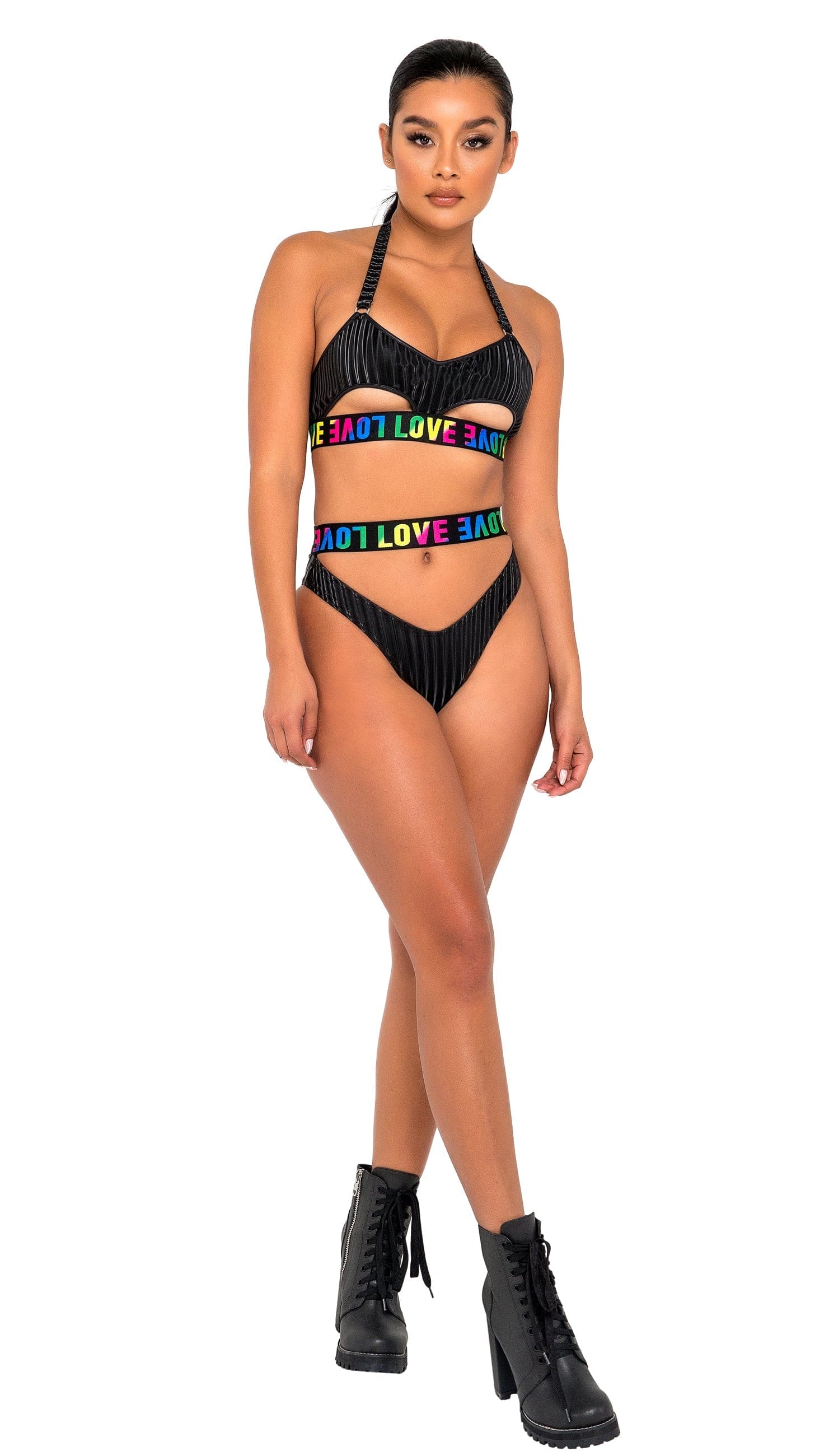 Roma Small / Black Black Pride Underboob Cutout & LOVE Logo Bikini Top 6146-Blk/Multi-S 2022 Black Pride Underboob Cutout LOVE Logo Bikini Top Ravewear Apparel & Accessories > Clothing > One Pieces > Jumpsuits & Rompers