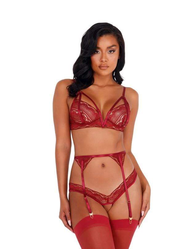 Roma Small / Burgundy Glittered Crotchless Garter w/ Bra &amp; Panty Set SHC-LI419-Burg-S Glittered Crotchless Garter Set w/ Bra &amp; Panty | ROMA COSTUME LI419 Apparel &amp; Accessories &gt; Clothing &gt; One Pieces &gt; Jumpsuits &amp; Rompers