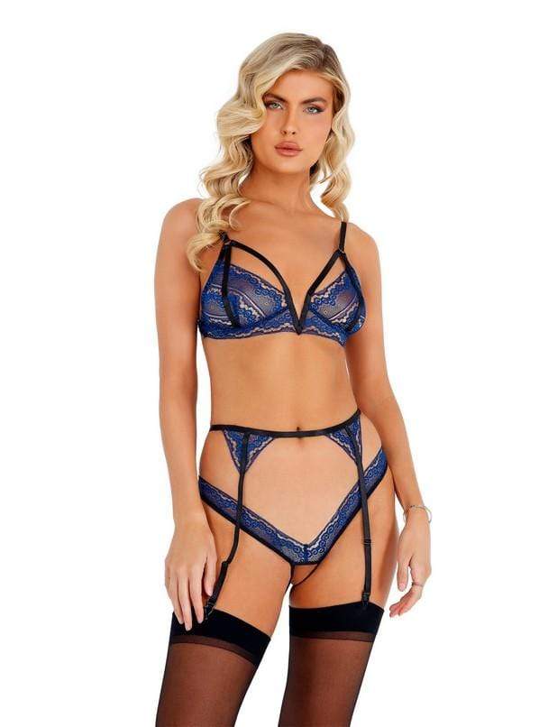 Roma Small / Navy Blue Glittered Crotchless Garter w/ Bra &amp; Panty Set SHC-LI419-Navy-S Glittered Crotchless Garter Set w/ Bra &amp; Panty | ROMA COSTUME LI419 Apparel &amp; Accessories &gt; Clothing &gt; One Pieces &gt; Jumpsuits &amp; Rompers