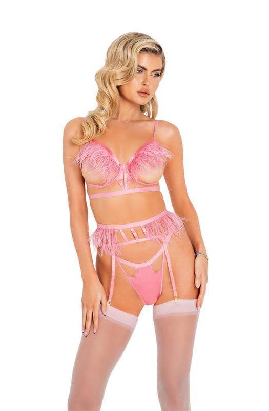 Roma Small / Pink Black Ostrich Lingerie w/ Underwire Support Set SHC-LI439-PINK-S Black Ostrich Lingerie w/ Underwire Support Set | ROMA COSTUME LI439 Apparel &amp; Accessories &gt; Clothing &gt; One Pieces &gt; Jumpsuits &amp; Rompers