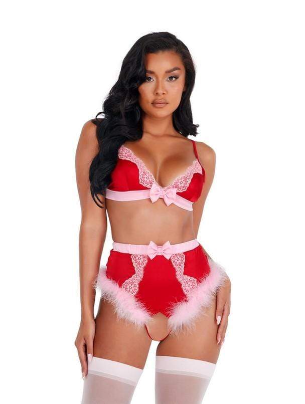 Roma Small / Red/Pink Red/Pink Lace &amp; Satin Marabou Bra Set SHC-LI424-Red/Pink-S Red/Pink Lace &amp; Satin Marabou Bra Set | ROMA COSTUME LI424 Apparel &amp; Accessories &gt; Clothing &gt; One Pieces &gt; Jumpsuits &amp; Rompers