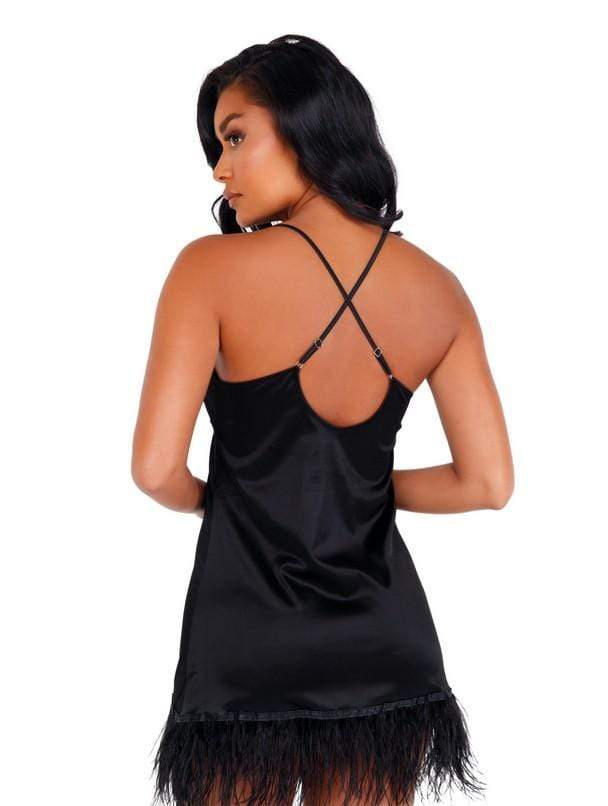 Roma X-Small / Black Soft Satin Chemise with Ostrich Feathered Trim SHC-LI400-Blk-XS Soft Satin Chemise with Ostrich Feathered Trim | ROMA COSTUME LI400 Apparel & Accessories > Clothing > One Pieces > Jumpsuits & Rompers