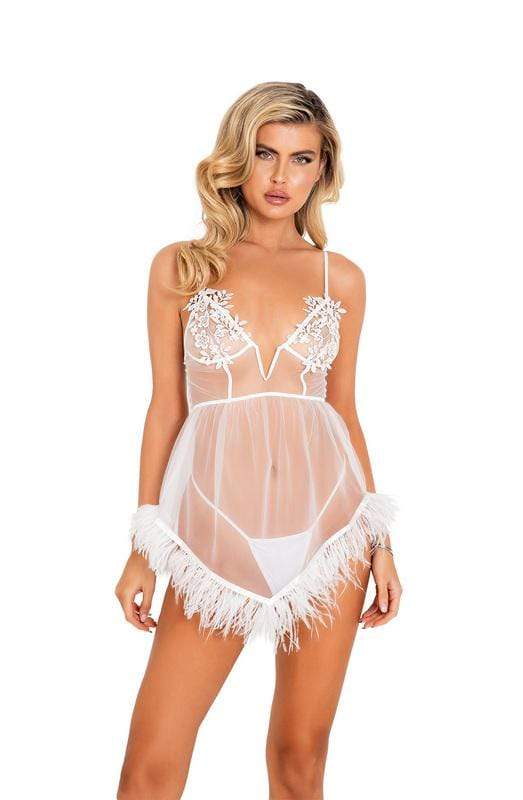 Roma White Bridal Corset Chemise with Ostrich Feather Trim Panty Set Blue/Nude Embroidery Sheer Floral Teddy | ROMA COSTUME LI451 Apparel &amp; Accessories &gt; Clothing &gt; One Pieces &gt; Jumpsuits &amp; Rompers