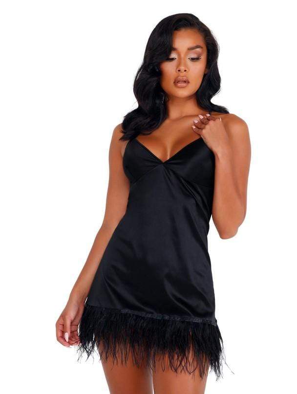 Roma X-Small / Black Soft Satin Chemise with Ostrich Feathered Trim SHC-LI400-Blk-XS Soft Satin Chemise with Ostrich Feathered Trim | ROMA COSTUME LI400 Apparel &amp; Accessories &gt; Clothing &gt; One Pieces &gt; Jumpsuits &amp; Rompers