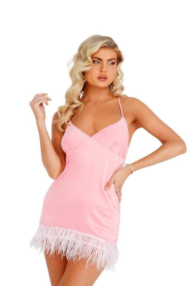 Roma X-Small / Pink Soft Satin Chemise with Ostrich Feathered Trim SHC-LI400-Pink-XS Soft Satin Chemise with Ostrich Feathered Trim | ROMA COSTUME LI400 Apparel &amp; Accessories &gt; Clothing &gt; One Pieces &gt; Jumpsuits &amp; Rompers