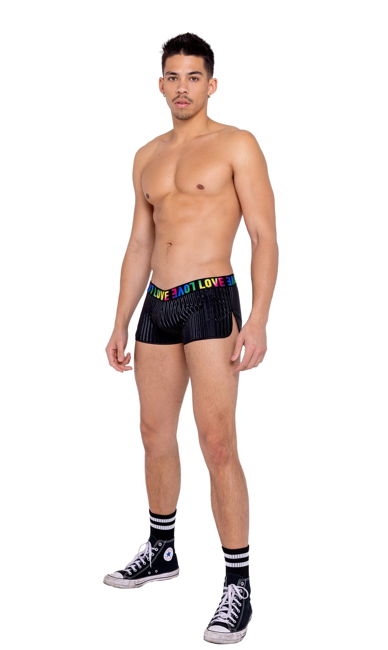 Roma Black Men’s Pride w/ LOVE Elastic Band Runner Shorts 2022 Black Men’s Pride Attached Garters Chain Detail Thong Ravewear Apparel & Accessories > Clothing > Shirts & Tops