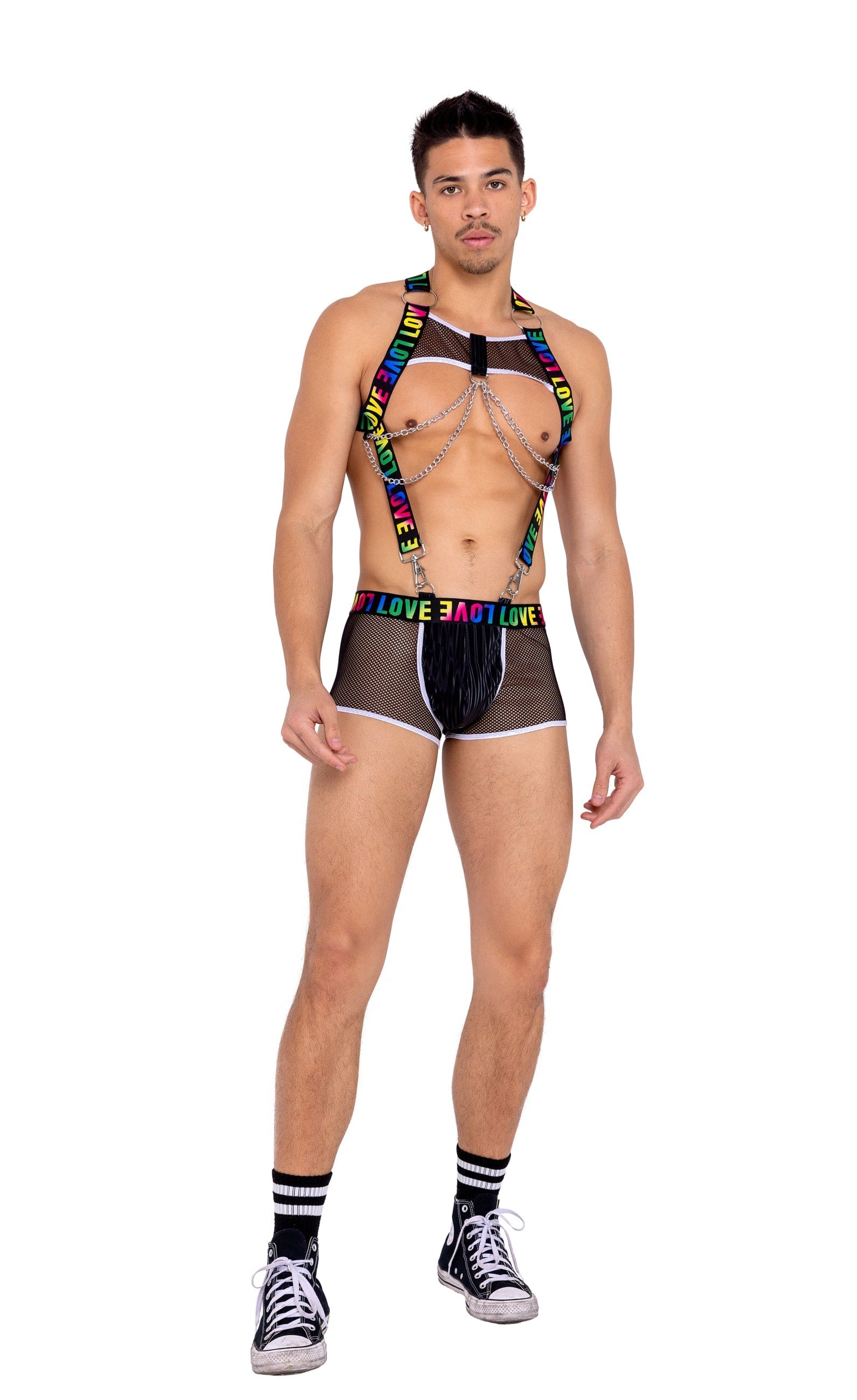 Roma Men’s Pride Suspenders w/ Chain Detail Claw Clip & LOVE Elastic Logo Harness 2022 Black Men’s Pride Fishnet LOVE Elastic Logo Harness Top Ravewear Apparel & Accessories > Clothing > Shirts & Tops