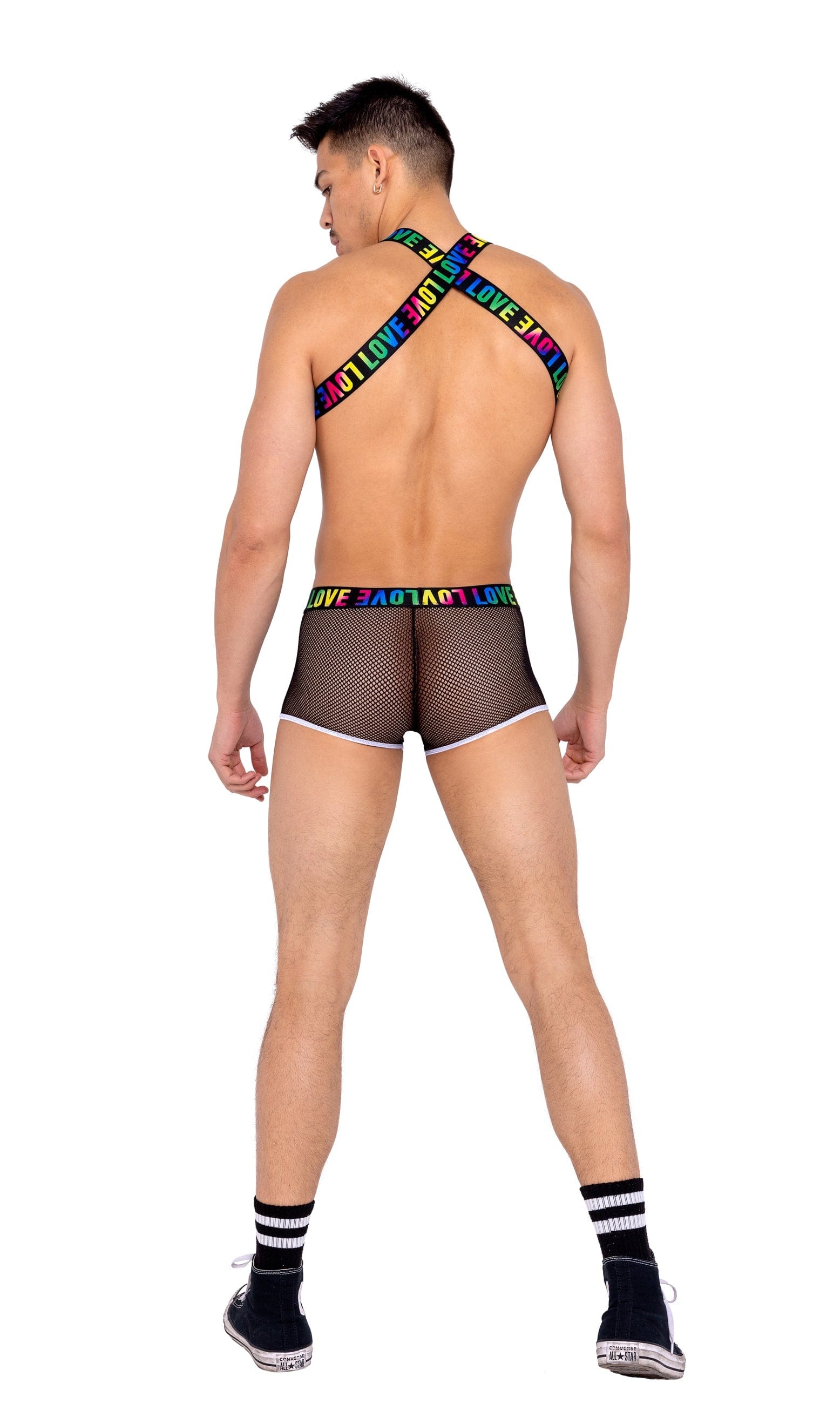 Roma Men’s Pride Suspenders w/ Chain Detail Claw Clip & LOVE Elastic Logo Harness 2022 Black Men’s Pride Fishnet LOVE Elastic Logo Harness Top Ravewear Apparel & Accessories > Clothing > Shirts & Tops