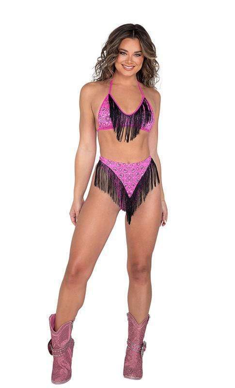 Roma Pink Metallic Print w/ Fringe Details Bikini Top (Black also available) 2021 Black Purple Pink Metallic Print Fringe Details Bikini Rave Top Apparel &amp; Accessories &gt; Clothing &gt; Shirts &amp; Tops