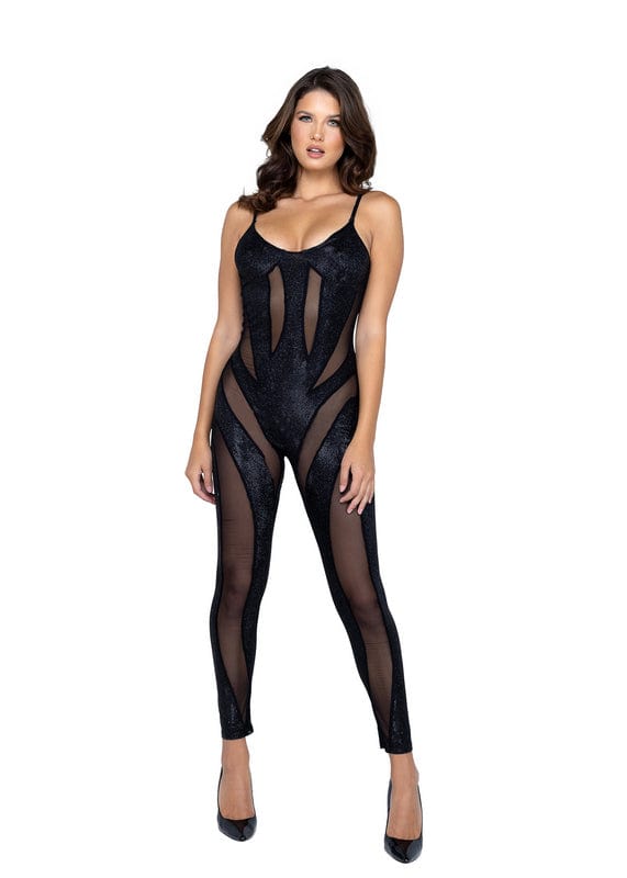 Roma Black Shimmer Skin Mesh Bodysuit Lingerie 2023 Sexy Black Wild Stripe Mesh Catsuit Lingerie Apparel & Accessories > Clothing > Underwear & Socks > Lingerie