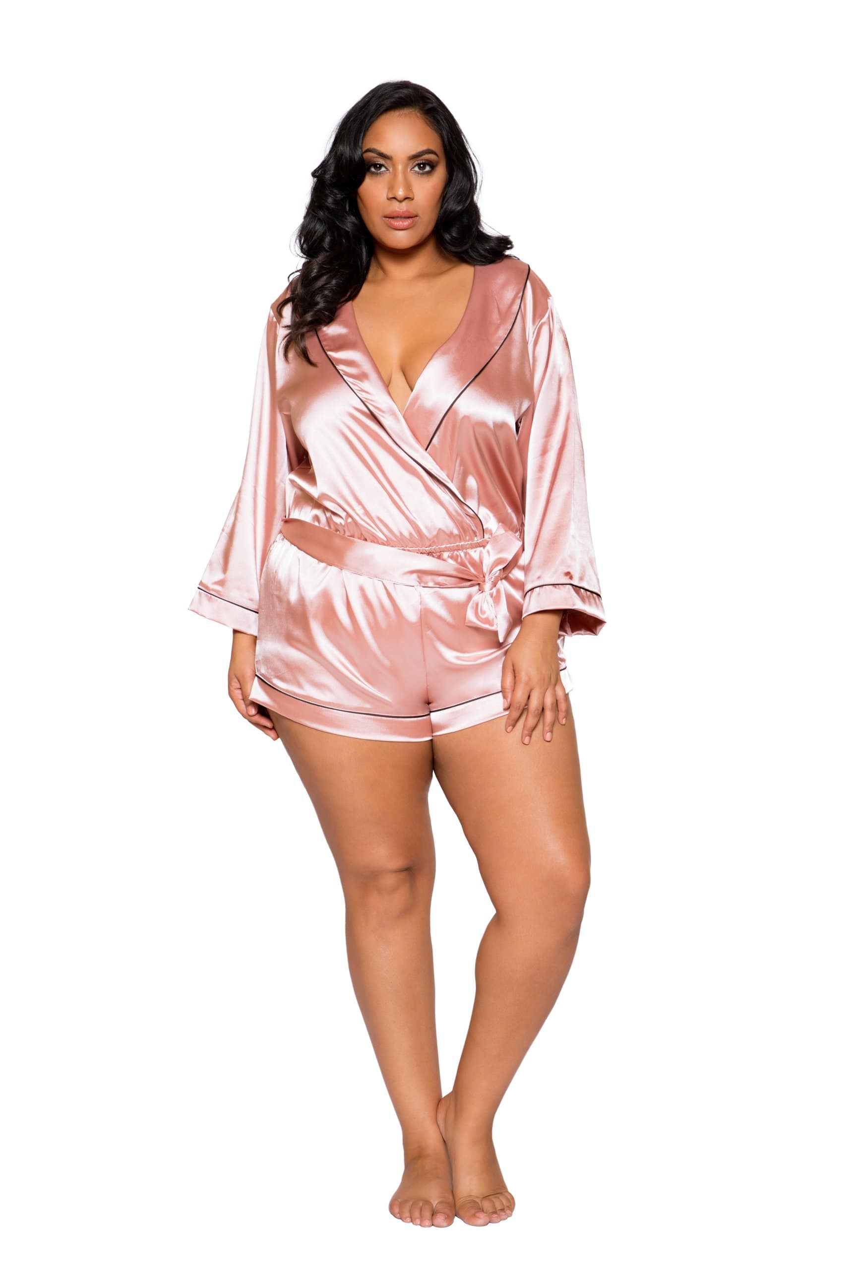 Roma PINK / XL Chic Cozy Collared Satin Plus Size Romper SHC-LI285-PINK-XL-R Chic Cozy Collared Satin Plus Size Romper Roma Costume LI285 Apparel & Accessories > Clothing > Underwear & Socks > Lingerie