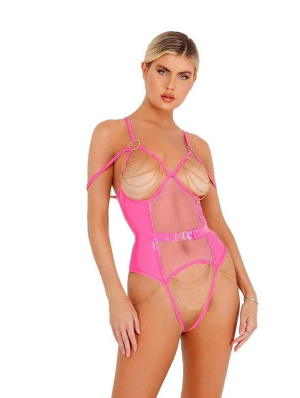 Roma Small / Hot Pink/Gold Black Vinyl Bodysuit w/ Chain Detail (Hot Pink also available) SHC-LI436-HP/Gold-S Black Vinyl Bodysuit w/ Chain Detail | ROMA COSTUME LI436 Apparel &amp; Accessories &gt; Clothing &gt; Underwear &amp; Socks &gt; Lingerie